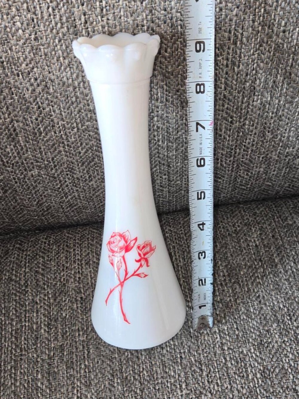 White Milk Glass Bud Vase Double Sided Rose Flower Design Vintage Fluted Lip